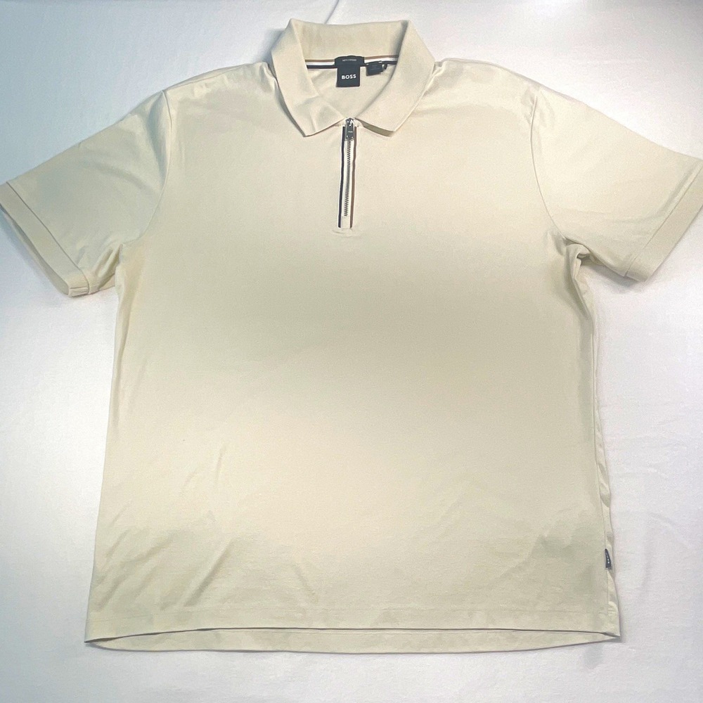 BOSS Men's Beige Solid 1/4 Zip Collared Polo Shirt, Short Sleeve Size M